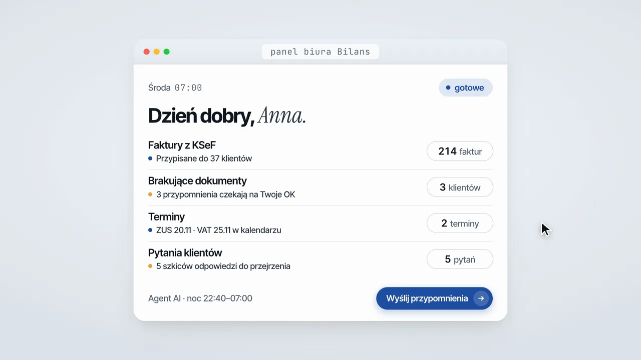 Raport agenta AI dla biura rachunkowego: poranne podsumowanie z fakturami z KSeF, brakującymi dokumentami i terminami