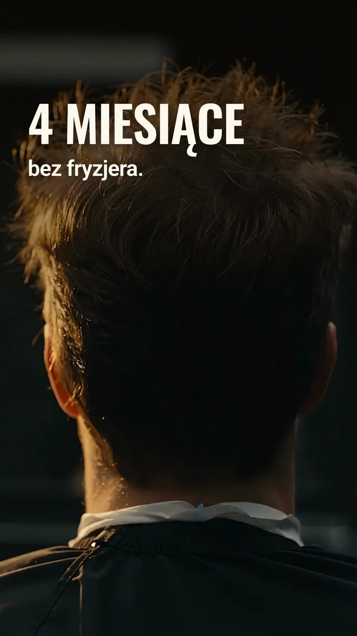 Rolka dla barbera: napis „4 miesiące bez fryzjera.” nad zarośniętą głową klienta