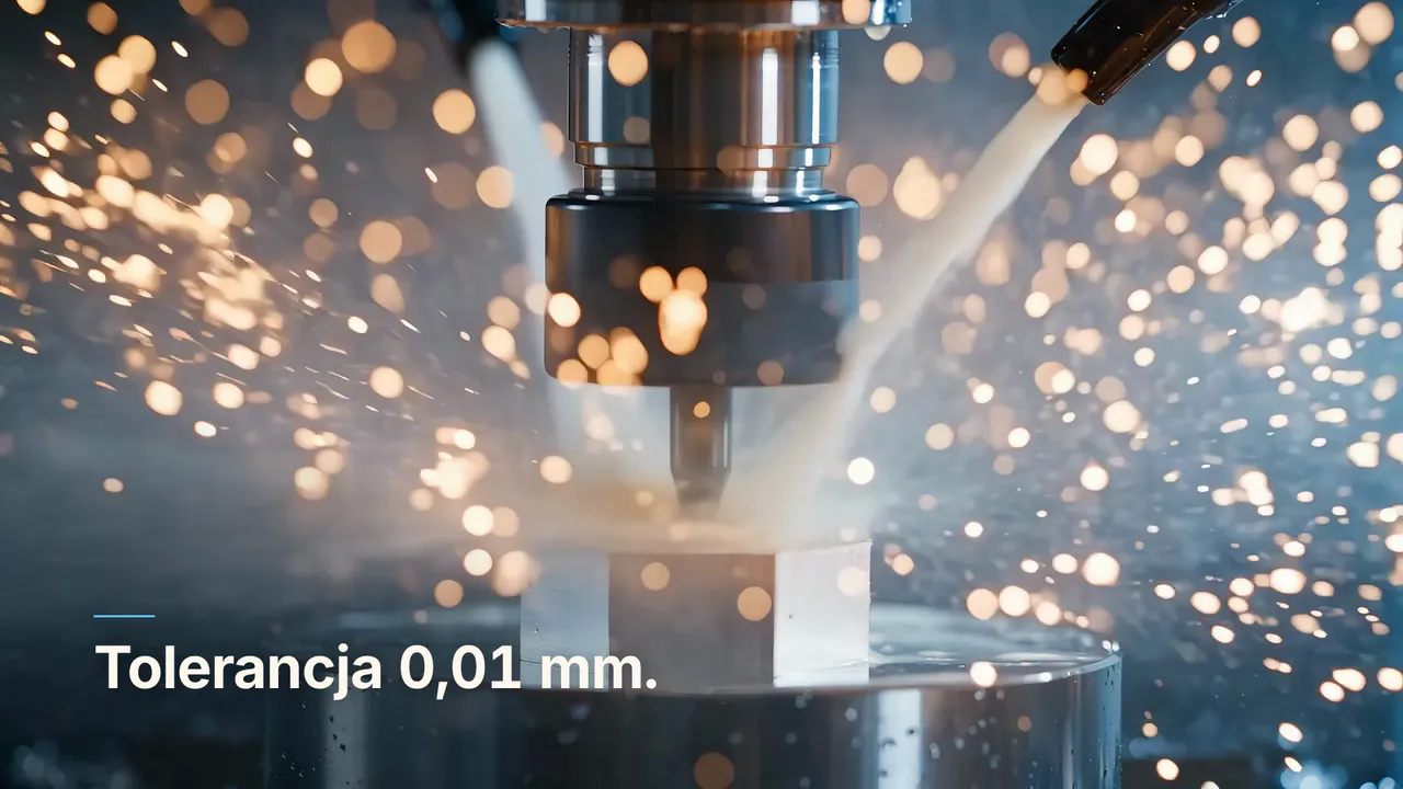 Film promocyjny obróbki CNC: frez w snopie iskier i napis „Tolerancja 0,01 mm.”