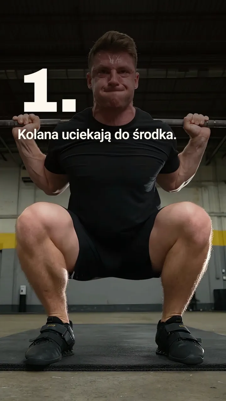Rolka dla siłowni: napis „1. Kolana uciekają do środka.” nad mężczyzną w przysiadzie ze sztangą