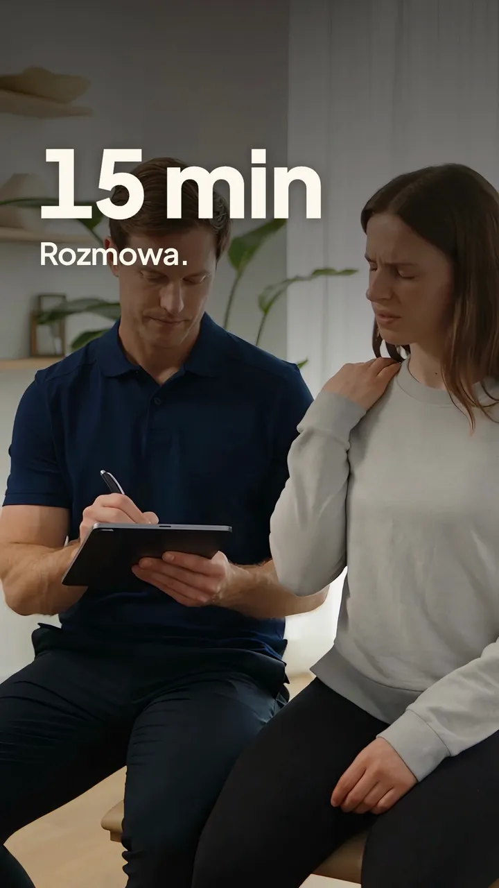 Rolka dla gabinetu fizjoterapii: napis „15 min. Rozmowa.” nad fizjoterapeutą i pacjentką