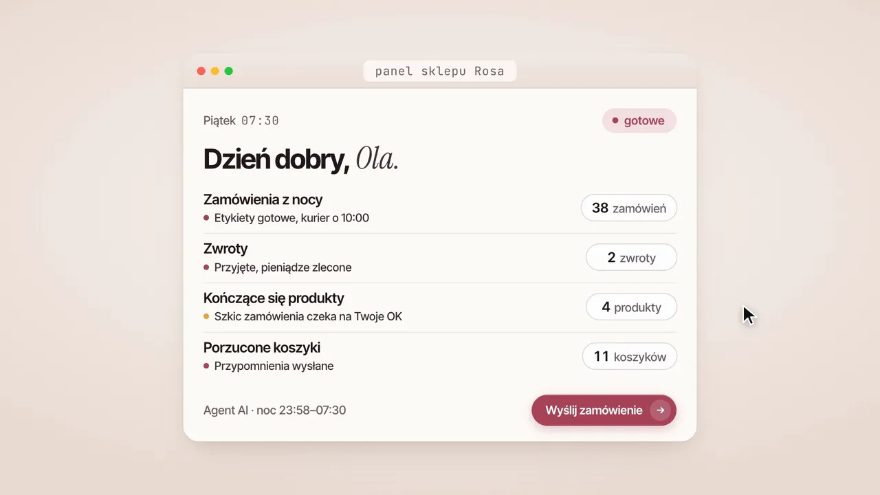 Raport agenta AI dla sklepu internetowego: poranne podsumowanie z zamówieniami, zwrotami i kończącymi się produktami