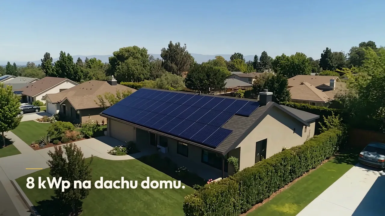 Film promocyjny fotowoltaiki: dom z panelami na dachu z lotu ptaka i napis „8 kWp na dachu domu.”