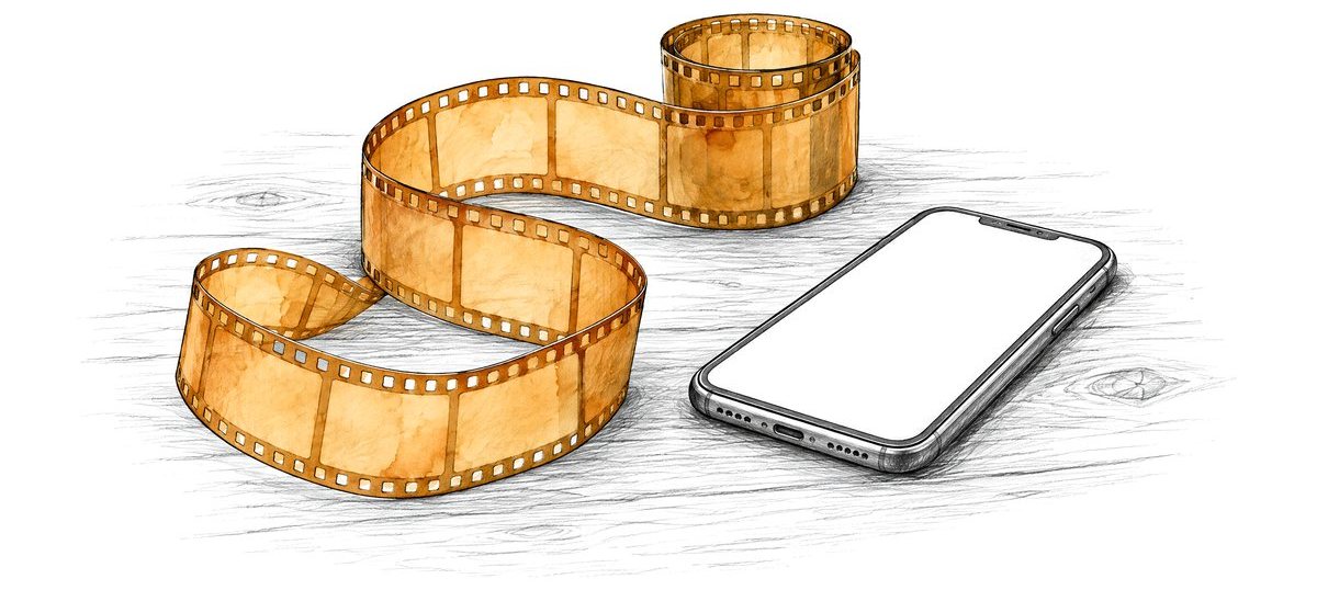 Szkic: pasek starej taśmy filmowej z pustymi klatkami rozwinięty na stole obok telefonu